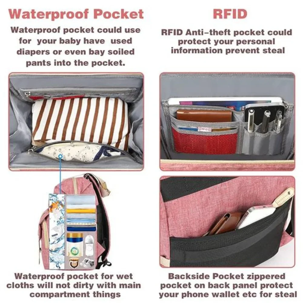 Diaper Bag Backpack, Insulated Pockets Portable Baby Nappy Bags - Pink